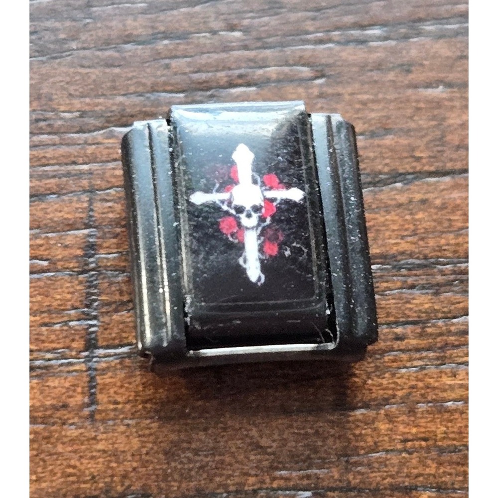 Black Stainless Steel Italian Charm Skull Cross Red Roses 9mm Modular Link
